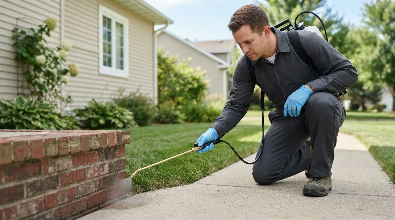Pest control technician treating a home near Tivoli, TX